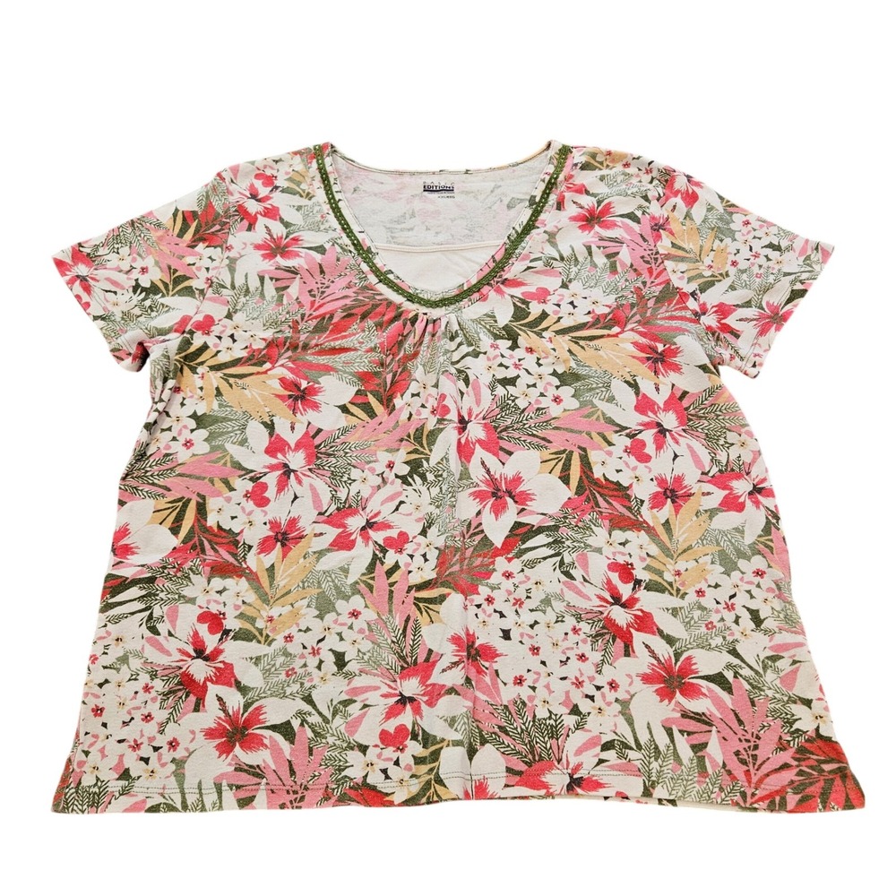 Basic Editions Womens XXL Tropical Floral V-Neck Short Sleeve Top Pink‎ Green